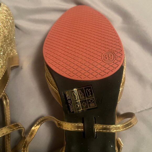 Women Size 8.5 Golden Sparkly Metallic Latin Dance Heel Shoes with Cross Strap - Picture 6 of 8